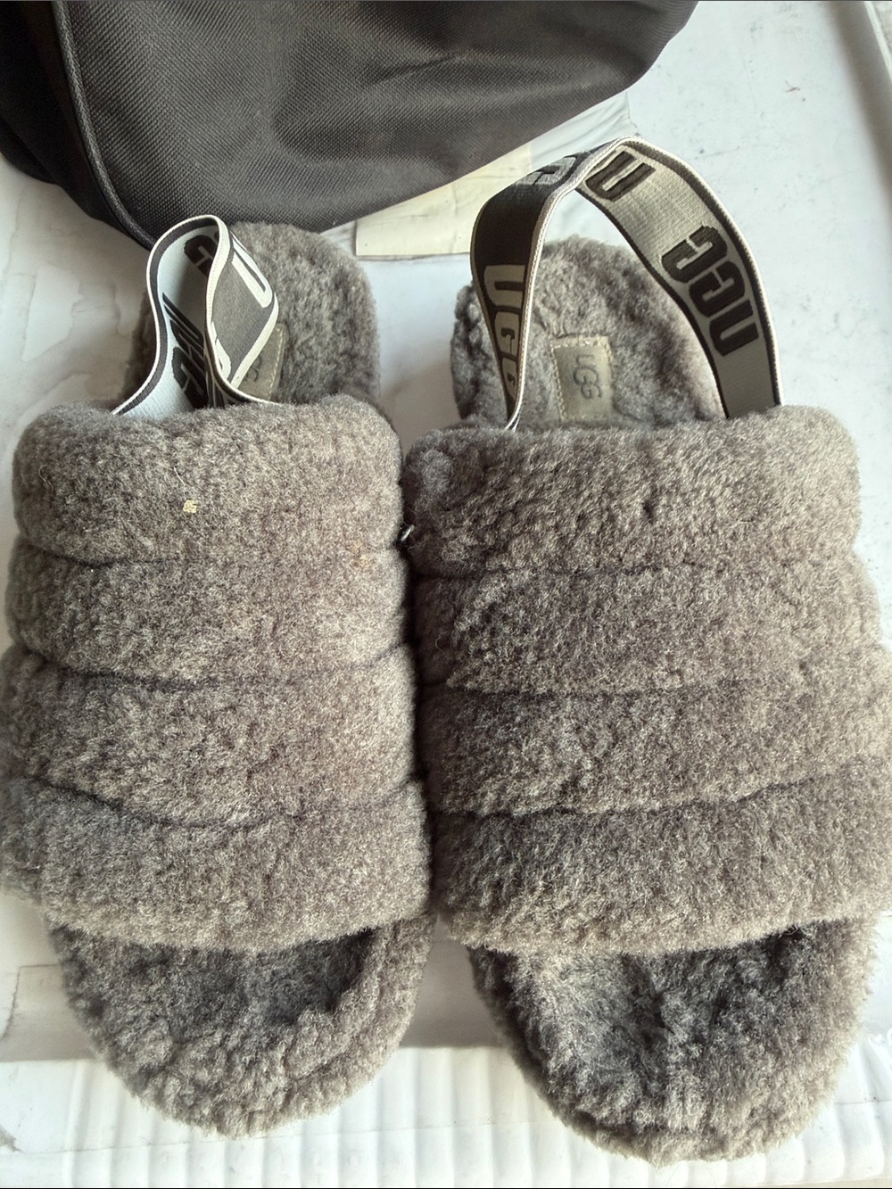 UGG grey  Fuzzy Slide Sandals with Branded Strap